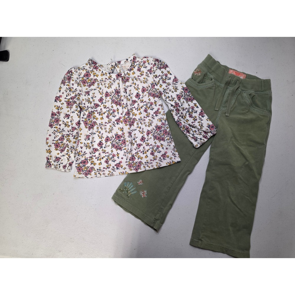 Gap Kids Girls 2 Piece Floral Blouse and Olive Green Embroidered Pants Set 2T